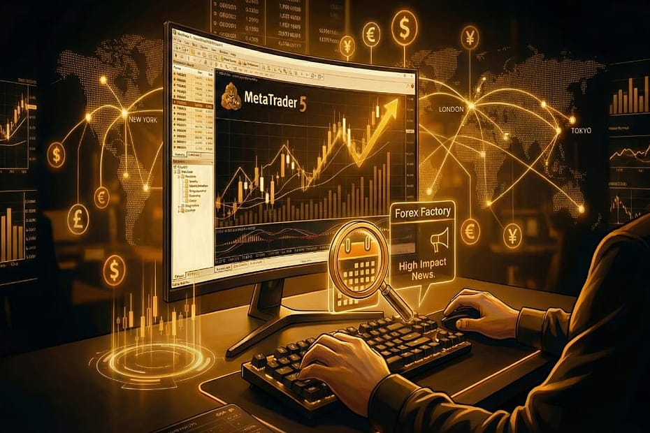 Forex trading desk setup displaying MetaTrader 5 charts with technical analysis indicators and global currency symbols for beginners